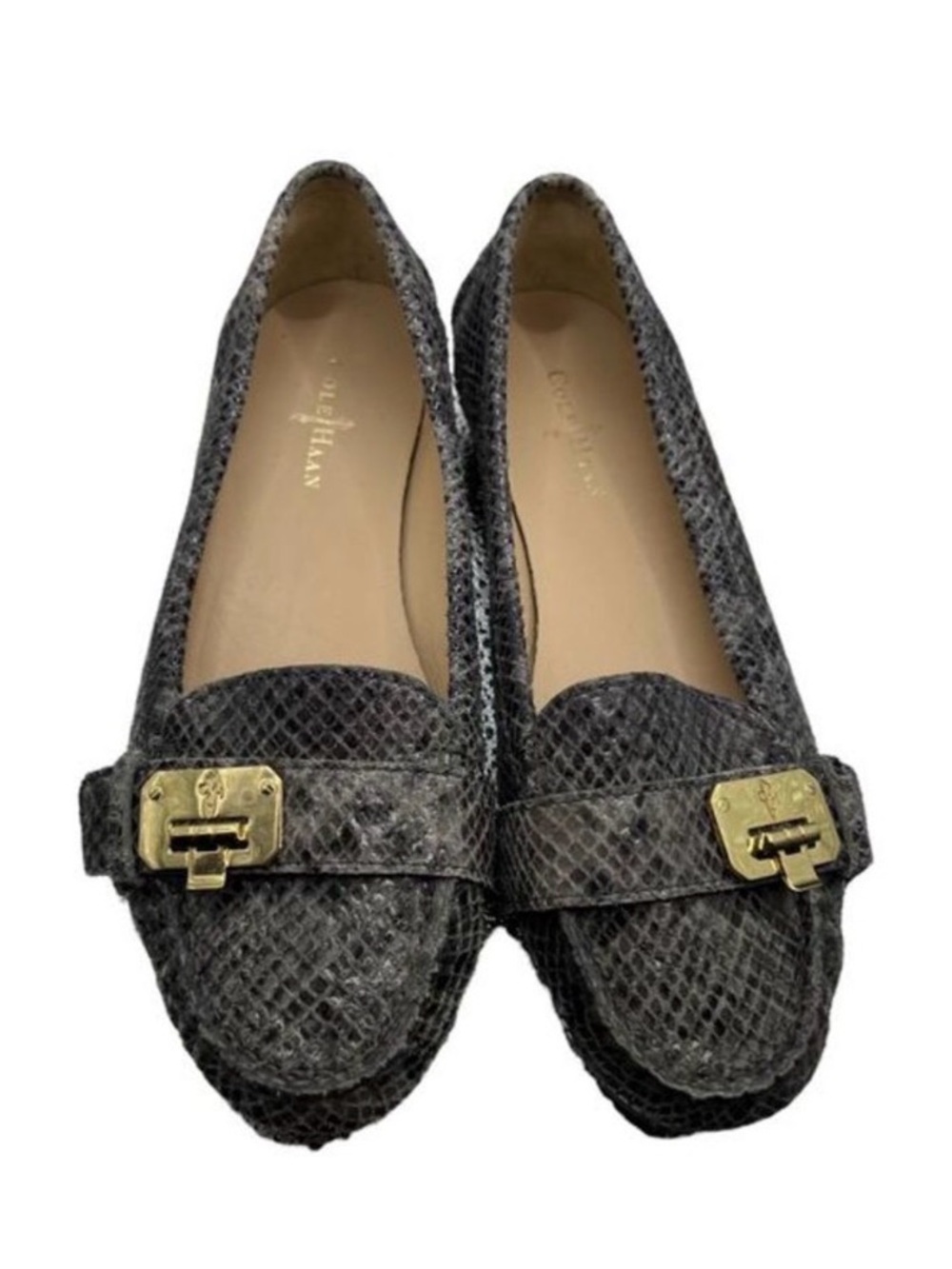 Cole Haan Gray Snakeskin-Pattern Leather Loafers with Gold Buckles. Size 7